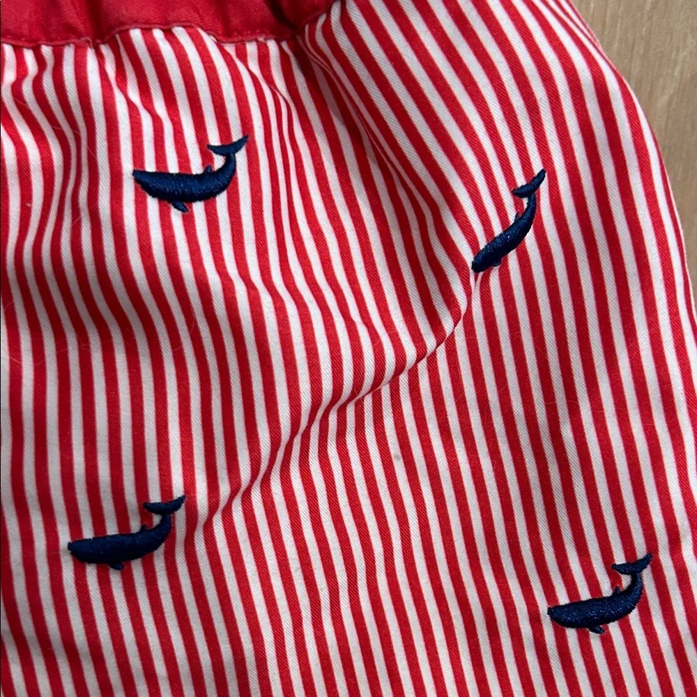 Jacadi Red and White Striped Swim Shorts with Navy Whale Embroidery